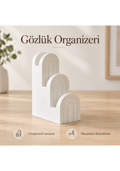 Gözlük Organizeri 3 Bölmeli Masaüstü Gözlük Standı Dekoratif Gözlük Tutucu Beyaz