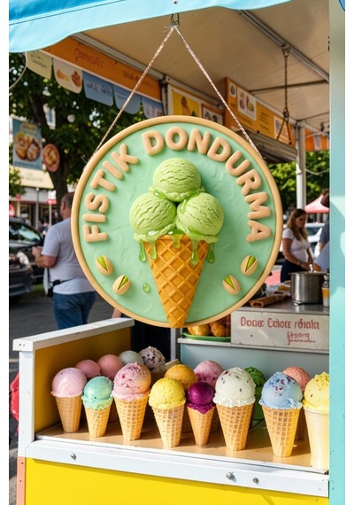 Fıstıklı Dondurma Görselli İpli Ahşap Kapı Ve Duvar Süsü, Cafe, Dondurmacı Tabelası, Tatlıcı Dekoru