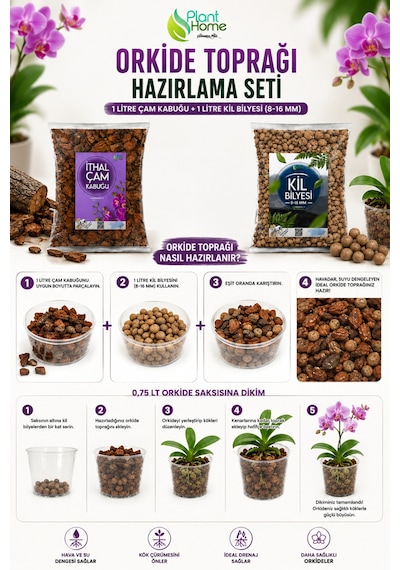 Orkide Toprağı Hazırlama Seti 2'li 1 Litre İthal Çam Kabuğu + 1 Litre Kil Bilyesi 8-16 Mm Orkide Dikim Ve Saksı Değişim Seti Ürün Açıklaması Diğer