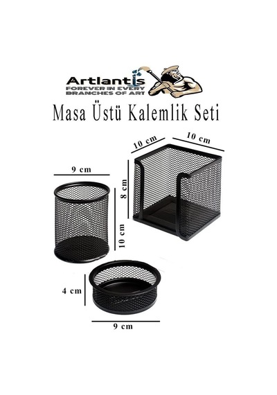 Artlantis Masa Üstü Siyah Fileli Kalemlik Çöp Kovası Ve 3 Katlı Evrak Rafı 5 Parça 1 Paket 5 Li Masa Üstü Düz Genel