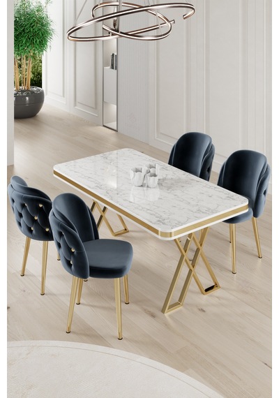 Canisa Rigel Serisi 80x130 Lak Panel Beyaz Mermer Desen Masa Takımı Gold Ayaklı 4 Antrasit Sandalye Masa Beyaz Mermer Desen Sandalye Antrasit