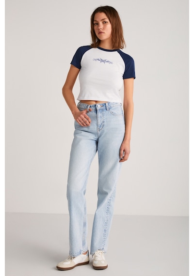 Ethıquet VANE Kadın %100 Pamuk Crop Beyaz/Navy T-Shirt
