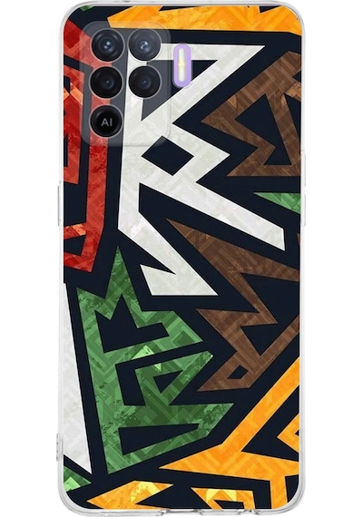 Oppo A94 Uyumlu Kamera Korumalı Soyut Grafiti Tasarımlı Şeffaf Silikon Kılıf Şeffaf