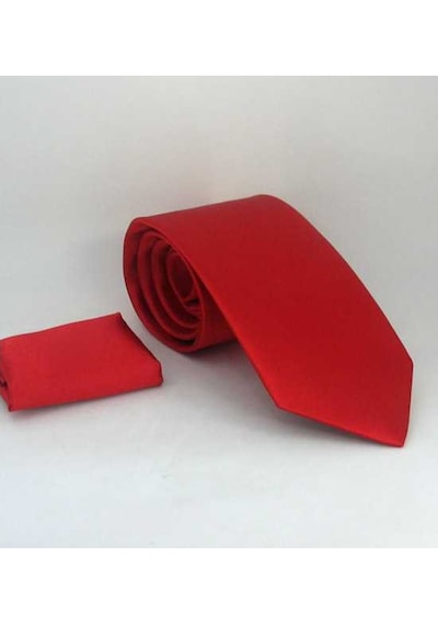 Gaffy Kırmızı Klasik Düz Renk Mendilli Saten Kravat - KS-02 Kırmızı