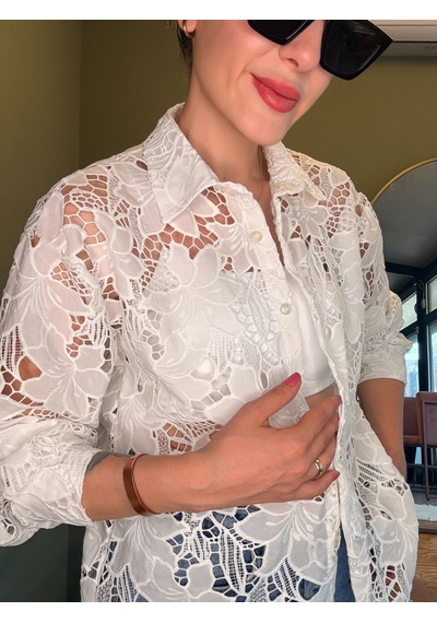 Ali Butik Beyaz Güpürlü Transparan Gömlek