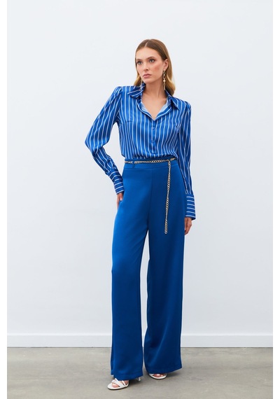 Sateen Zincirli Saten Krep Pantolon - İndigo-134887 İndigo