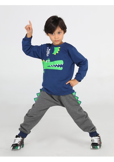 Casabony Hello Timsah Tırtırlı Baggy Pantolon + T-Shirt Takım-Antrasit