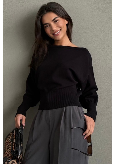 Madmext Siyah Ribbed Asimetrik Kesimli Kadın Kazak Mg2744