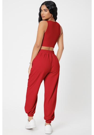 Modi Kadın Kırmızı Kaşkorse Cepli Jogger Eşofman Altı Ve Crop Top Bluz