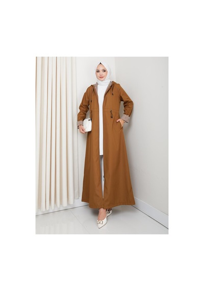 Hb Harma Time Butik Kadın Kapüşonlu Çizgi Detaylı Taba Bondit Kap Taba Taba
