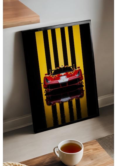 Ferrari 488 Gt3 Siyah Ahşap Çerçeveli Poster, Dekoratif Araba Duvar Tablosu