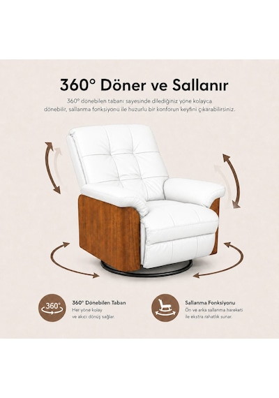Smarto Relax Berlin Elektrikli Döner Sallanan Tv Koltuğu Kontrol Panelli Ergonomik Kırmızı Deri Baba Koltuğu Beyaz