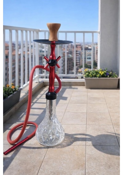 Lüks Cam Nargile Takımı 60 Cm Kırmızı Metal Gövde, Şeffaf Cam Taban 16 Cm, Bahçe Balkon Teras Kullanımına Uygun