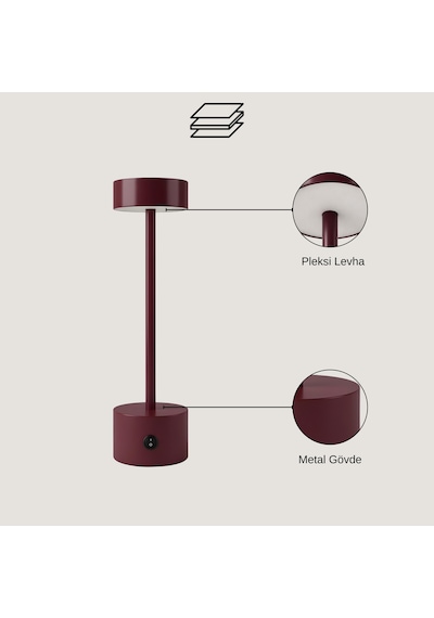 Larden Bordo Şarjlı Masa Lambası Bordo