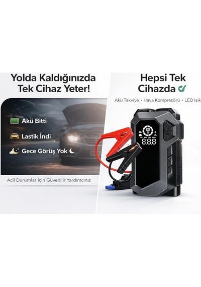 Tr Q18 Jump Starter 12000 Mah Çok Fonksiyonlu Akü Takviye Cihazı Ve Hava Kompresörü, 12v, Dijital Ekran, Led Işık