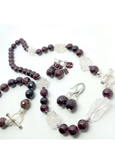 2824 Ham Herkimer Elmas Garnet Hematit El Yapımı Düğümlü Kolye 0112 - Bordo