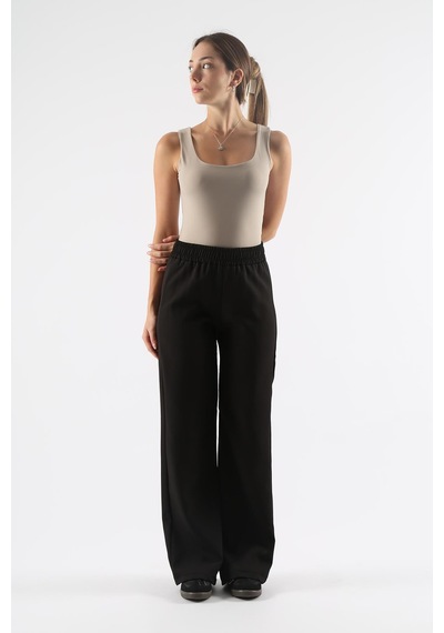 Dokuma Siyah Geniş Paça Beli Lastikli Basic Uzun Kadın Pantolon Sh191 S