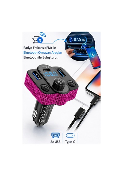 Araç İçi Fuşya Kristal Taşlı Fm Transmitter Bluetooth Usb Type-c Oto Çakmaklık