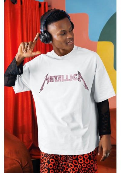 Sevbano Metallica Rock Metal Müzik Grubu Sırt Baskılı Unisex Oversize Tiş Beyaz