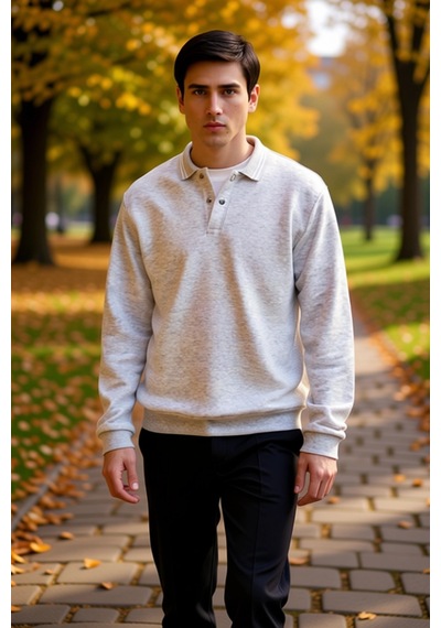 Benerly Erkek Polo Yaka Standart Kol Regular Kalıp Örme Sweatshirt Fonksi Gri Melanj