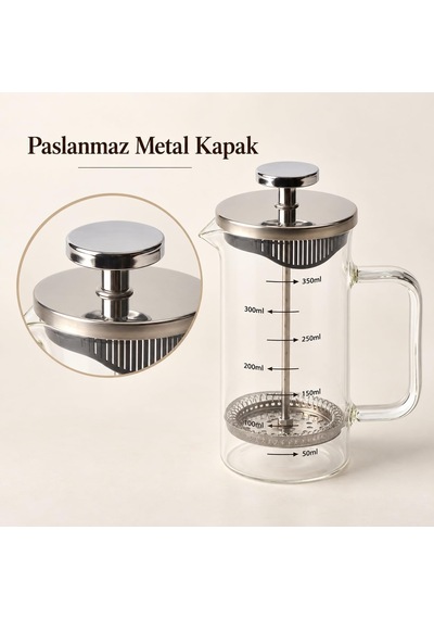 Tr Metal Kapaklı French Press, 350 Ml Ölçülü Borosilikat Cam Filtre Kahve Ve Bitki Çayı Demliği, 5 X 8 X 14 Cm Diğer