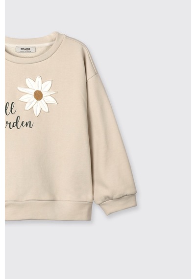 Panço Kız Çocuk Çiçek Motifli Sweatshirt Krem