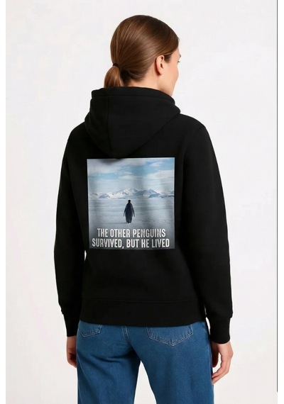 Novalisse Kadın 3 İplik Pamuklu Kapüşonlu Hoodie Sweatshirt Survivor Penguen Baskılı - Siyah Çoklu Renk