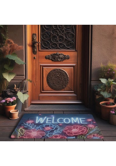 Valerine Life Neon Zambak Çiçekleri Welcome Kapı Önü Paspası 45x70cm