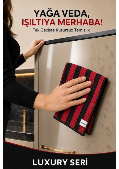 Luxury Serisi 2 Li Kırmızı Siyah İri Çizgili Mikrofiber Temizlik Bezi 40x40 Cm Süper Emici İz Bırakmaz Kırmızı - Siyah