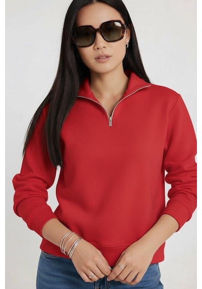 Afri Kadın 3 İplik Şardonlu Yarım Fermuarlı Kırmızı Sweatshirt İçi Pamuklu Kalın Kumaş, Tam Kalıp Rahat Model Kırmızı