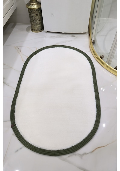 Kaymaz Taban Puffy Peluş Ultra Yumuşak 50x70 Cm Bordürlü Şık Tasarım, Suya Dayanıklı Banyo Paspası Beyaz-yeşil