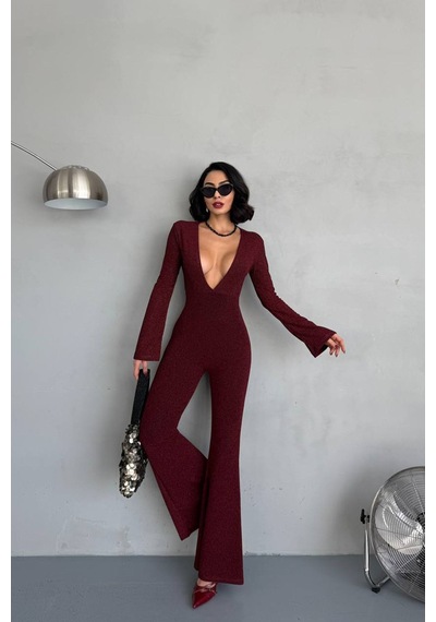 Neşeli Butik Kadın Bordo Dekolteli Novel Sim Maxi Tulum Nbdf118