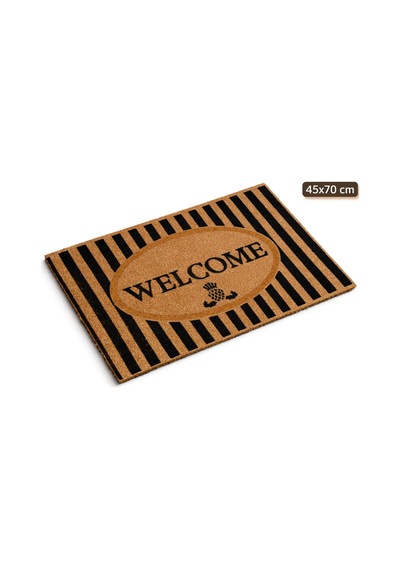 Coco Cc012a Welcome Desenli Çizgili Kalın Kaymaz Taban Nem Alıcı Şık Tasarım Kapı Önü Paspası 45x75 Bej