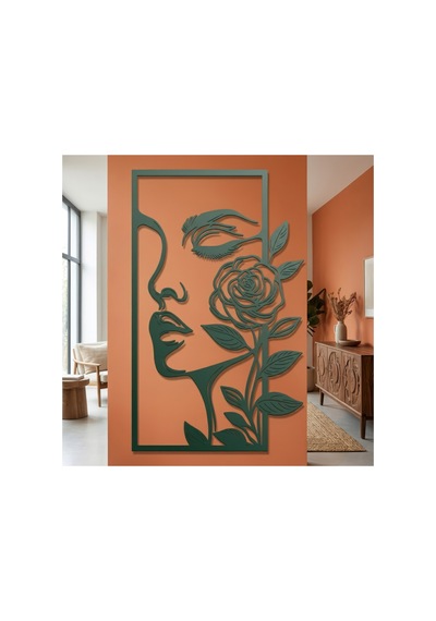 Kadın Ve Gül Metal Duvar Tablosu - Metal Duvar Sanatı - Mavi - 30 X 50 Cm