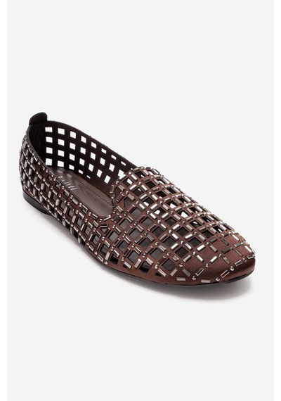 Luvishoes Sılva Kahverengi Taşlı Kadın Babet Ayakkabı Kahverengi