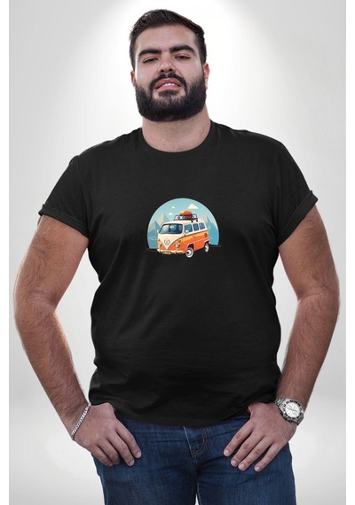Angemiel Wolkswagen Karavan Kış Gezisi Siyah Büyük Beden Erkek Kadın Unisex Basic Ön Baskılı Tişört Siyah