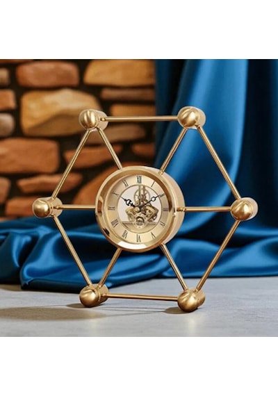 Altıgen Moleküler Tasarım Iskelet Mekanizmalı Gold Metal Masa Saati - Çarklı Lüks Ofis Çalışma Masası Aksesuarı Dekoratif Obje
