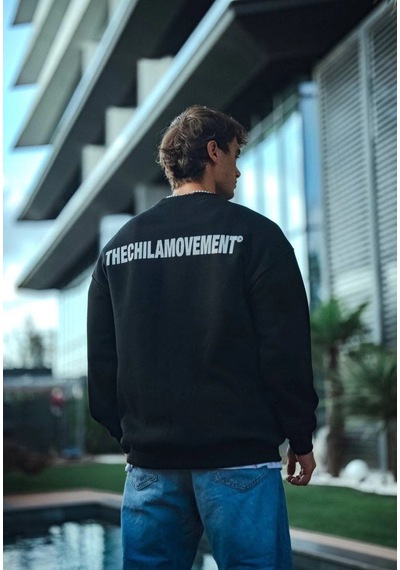 Barlashive Erkek 3 İplik Pamuklu Bisiklet Yaka Oversize Baskılı Sweatshirt - Siyah Çok Renkli