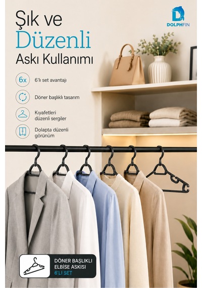 Döner Başlıklı Elbise Askısı Plastik Kıyafet Askısı Dolap İçi Gardırop Düzenleyici 41x21x6 Cm Beyaz