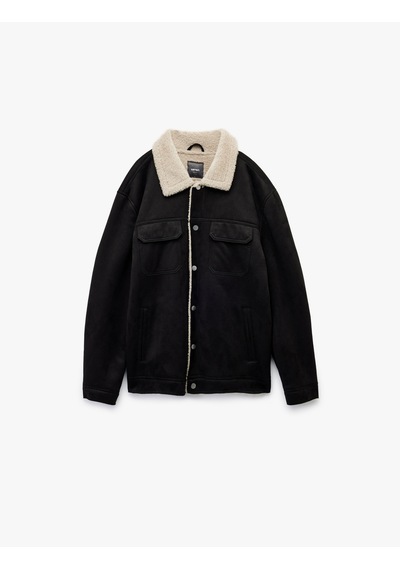Koton Kapaklı Cepli Çıtçıt Düğme Detaylı Slim Fit İçi Peluş Yaka Suni Süet Ceket Siyah 6wam20103hw