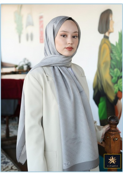 Premium Lux Original Monogram Şal İpek Vual, Yüksek Kalite, Hafif, Rahat, Şık, Tesettür, Shawl Açık Gri Gri Şeritli