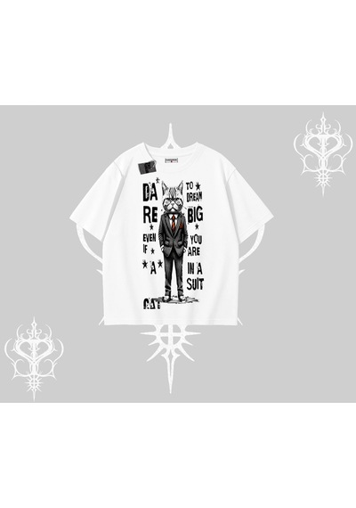 Startmore Startmore Dream Big Yazılı Takım Elbiseli Kedi Baskılı Oversize Tshirt Beyaz