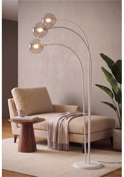 Auris Beyaz Metal Tasarım 3'lü Füme Cam Küre Ark Lambader Modern Minimalist Kavisli Ayaklı Lambader E27 Duy Uyumlu Dekoratif Salon Köşe Okuma Lambası