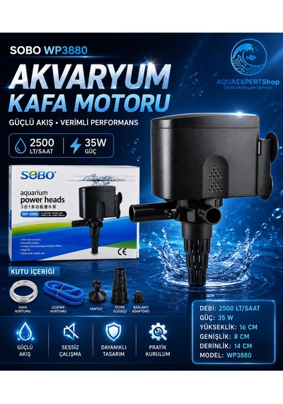 Sobo Akvaryum Kafa Motoru - Sump Motoru - 2500 Lt/saat - 16-8-14 Cm - 35w - Yüksek Su Sirkülasyonu - Wp 3880