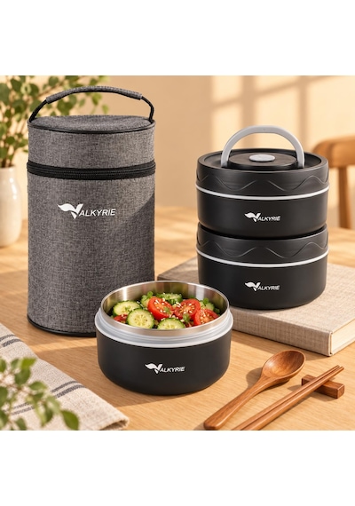 Valkyrie 3 Katlı Taraftar 304 Paslanmaz Çelik Yemek Termosu 420+420+550ml Isı Yalıtımlı Çantalı Siyah