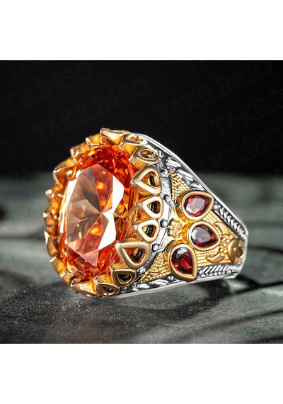 Takılingo 925 Ayar Gümüş Sitrin Taşlı Yanları Damla Model Erkek Yüzük Gümüş