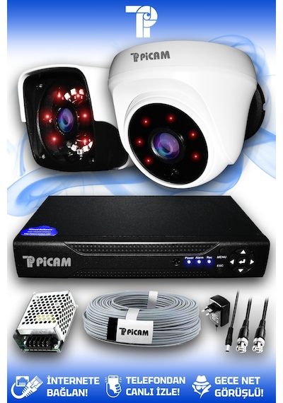 Picam 2 Kameralı Panda 1 İç Kamera Set HDD'siz Full HD Gece Görüşlü Güvenlik Kamerası Sistemi