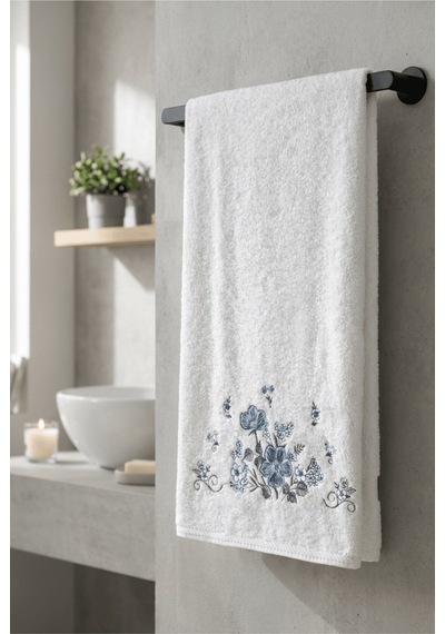 Bambu Pamuk Çiçek Nakışlı 50 X 90 Cm Nakışlı El Havlusu Beyaz