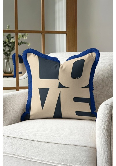 Love Modern Lüx Saçaklı Yastık Kılıfı-navy Geometrik Mavi Bej Kombinasyonlu Püsküllü Kırlent Kılıfı Çok Renkli