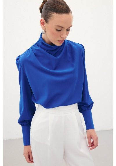 Sateen Drape Detaylı Bluz - Sax Mavi